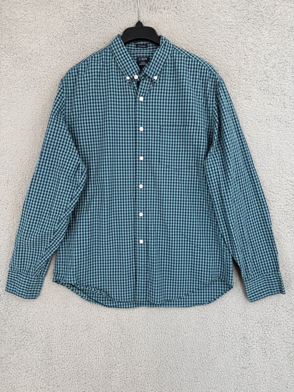 J. Crew flex washed Mens Large long sleeve button down shirt Teal & Navy Gingham